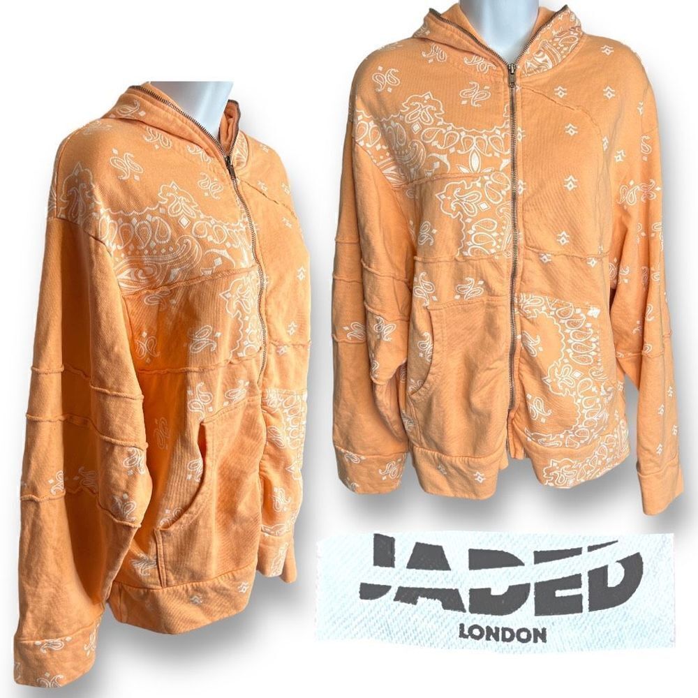 Jaded London Hoodie cut & sew paisley Peach Color Womens XS Full Zip Long Sleeve